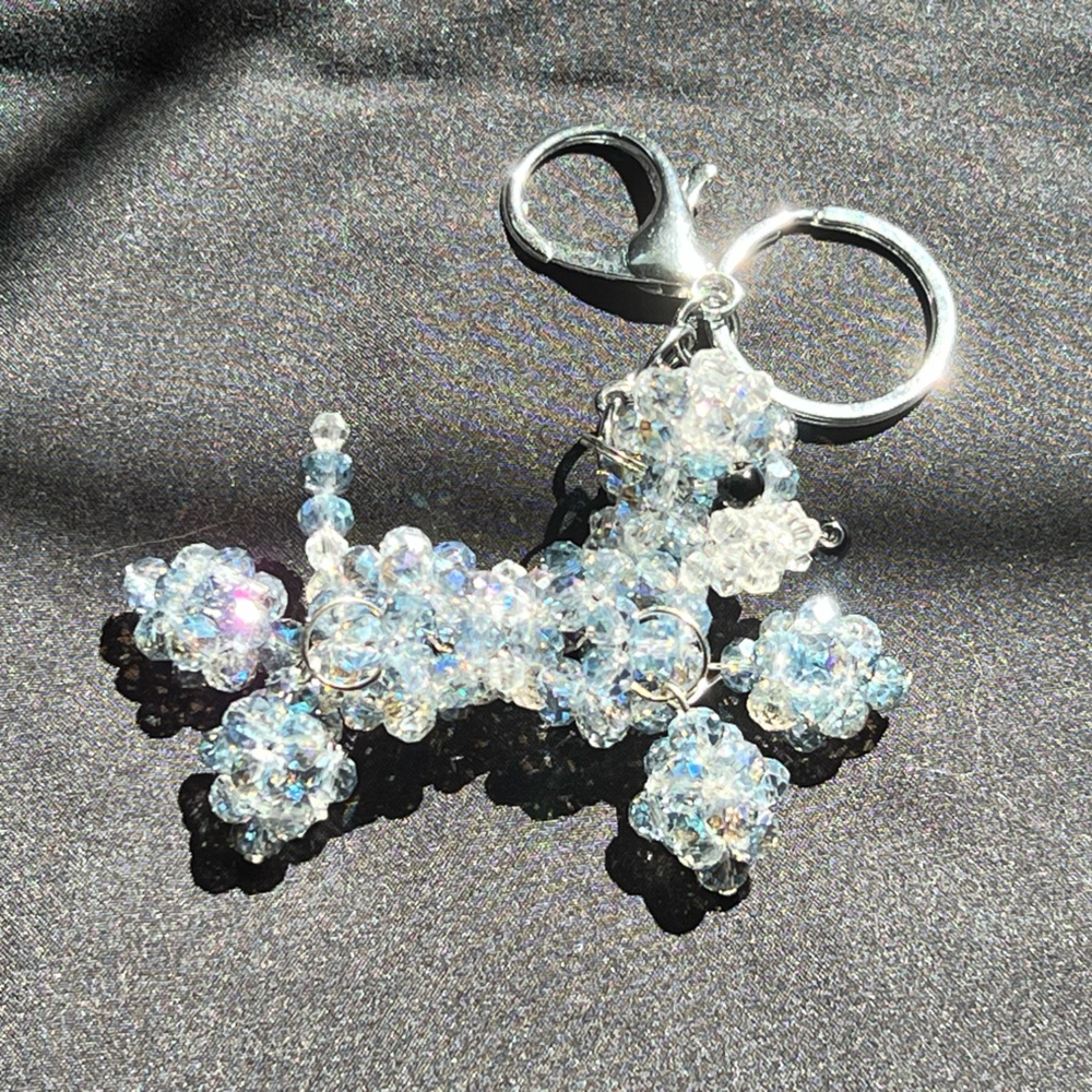 Iridescent Sparkly Shiny Clear Beaded Poodle Keychain Jointed Dangly Dog Puppy